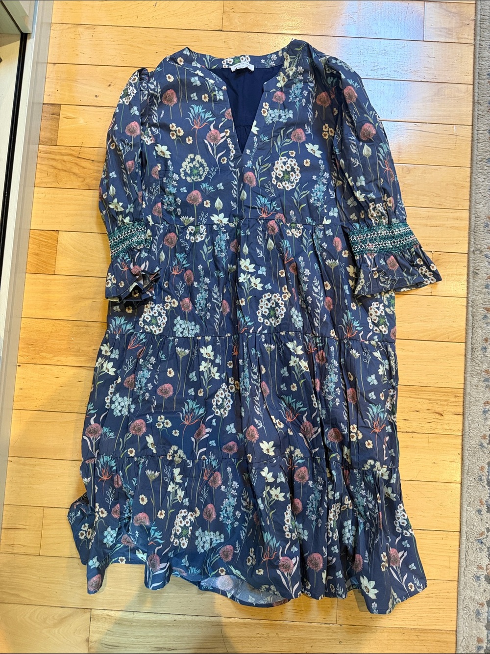 Chic Soul 3/4 Puff Sleeve Ruffle Peasant Boho Blue Floral Midi Dress Size 1X
